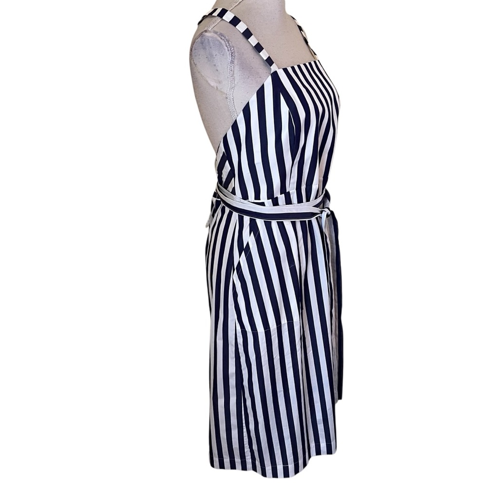 J. Crew/Thomas Mason Navy Blue/White Cotton Striped Apron Tie Midi Dress 12 - Picture 6 of 10